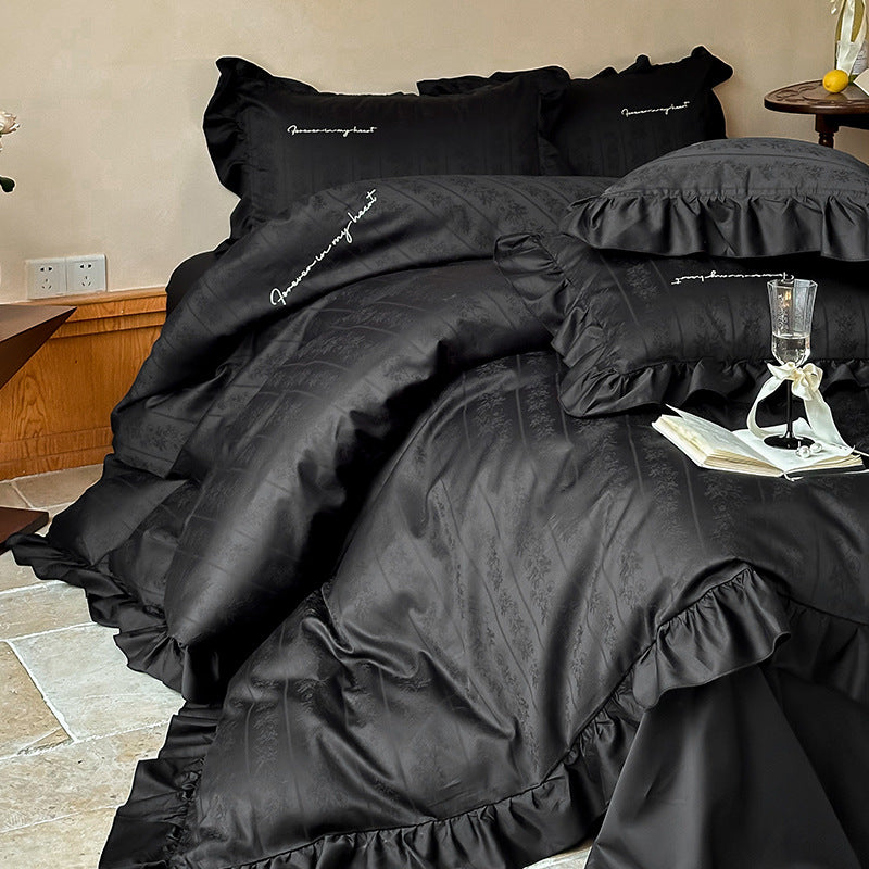 Luxurious satin bedding set with ruffles and jacquard floral pattern