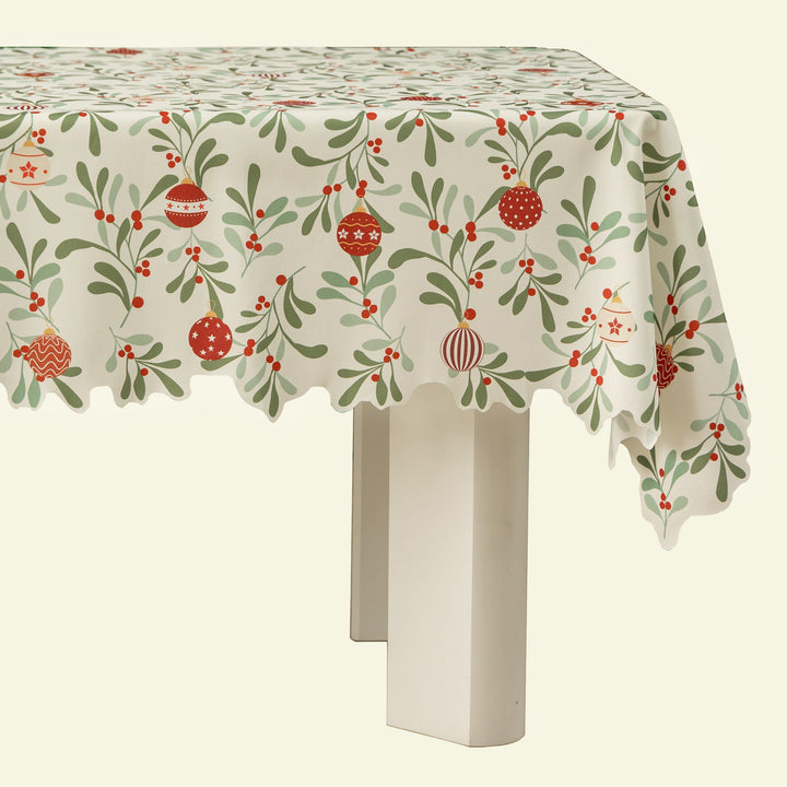 Festive tablecloth with wavy hem and mistletoe branch print