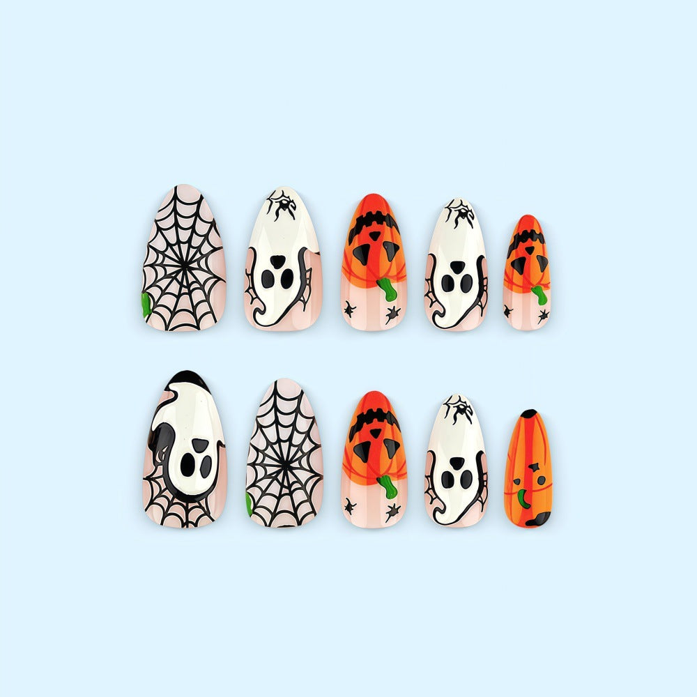 Halloween-themed artificial nails with spooky ghost and pumpkin design Bowlift