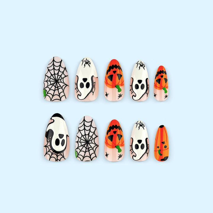 Halloween-themed artificial nails with spooky ghost and pumpkin design Bowlift