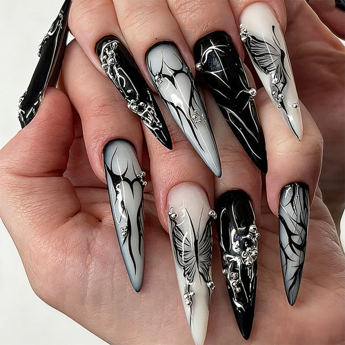 Artificial nail set with elegant geometric designs and creative metallic accents Bowlift