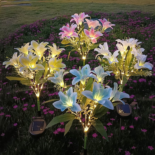 Solar LED Lily Garden Stake Light With Integrated Fairy String And Lifelike Silk Petals Bowlift