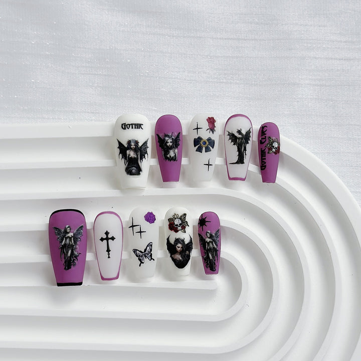 Artistic Press-On Nail Art Set with Heart and Celestial Designs