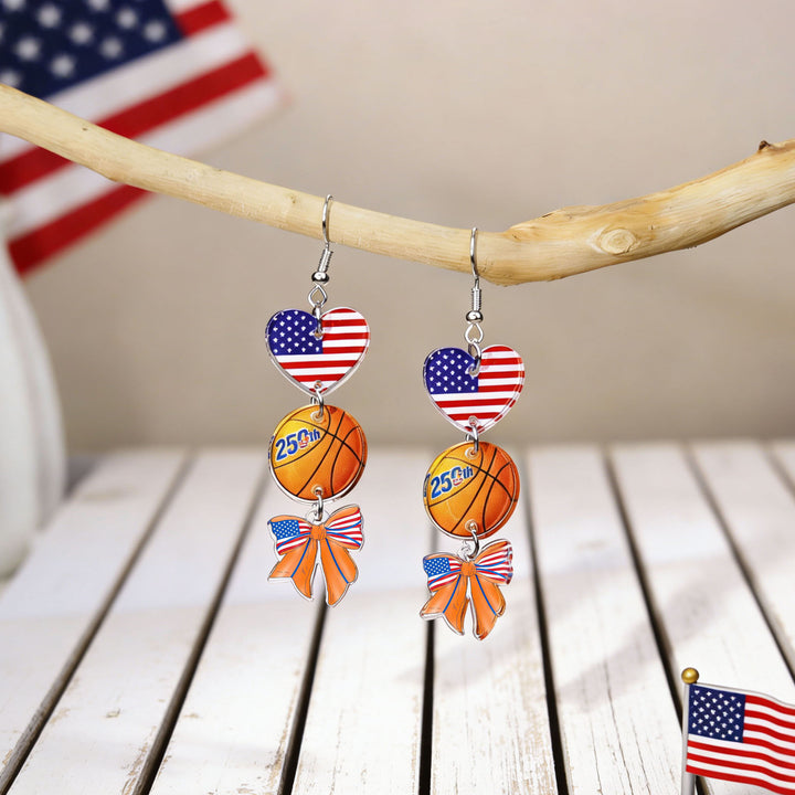 Women's acrylic statement earrings long pendant bow motif with patriotic print Bowlift