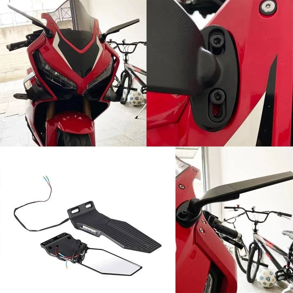 Motorcycle mirror set with integrated LED turn signal Bowlift