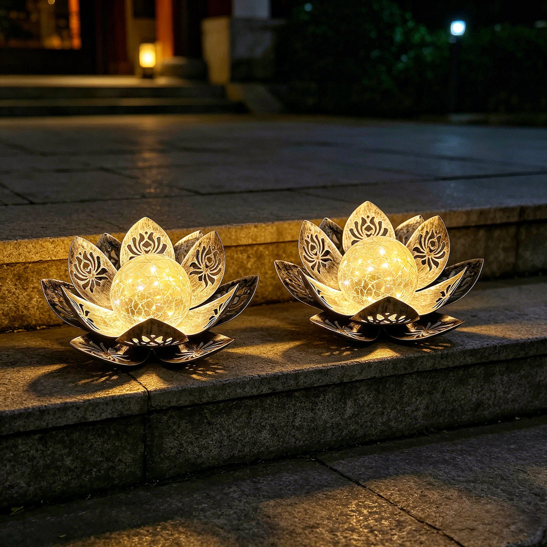 Decorative Lotus Solar Garden Light With Cracked Glass Orb Bowlift