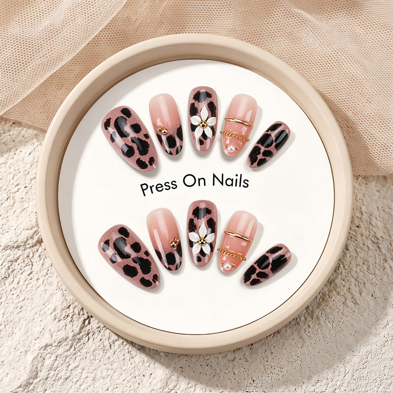 Artistic Press-On Nail Set with Elegant Leopard and Floral Designs Bowlift