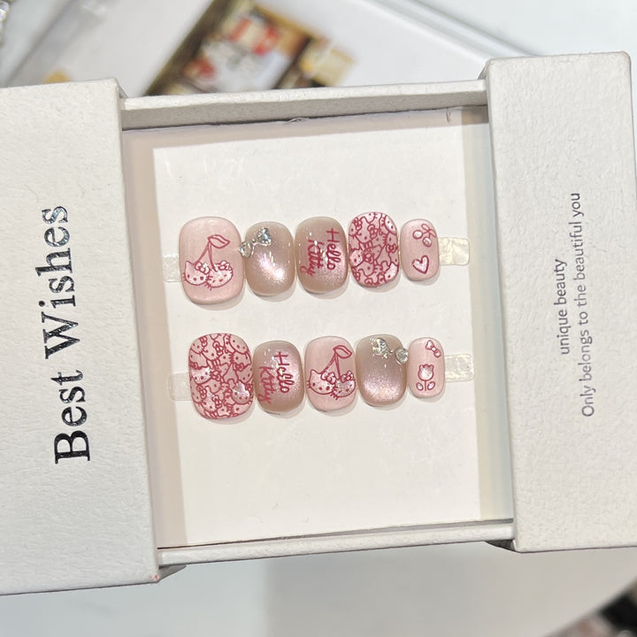 Decorative Press-On Nail Art Set with Cherry and Bow Accents Bowlift