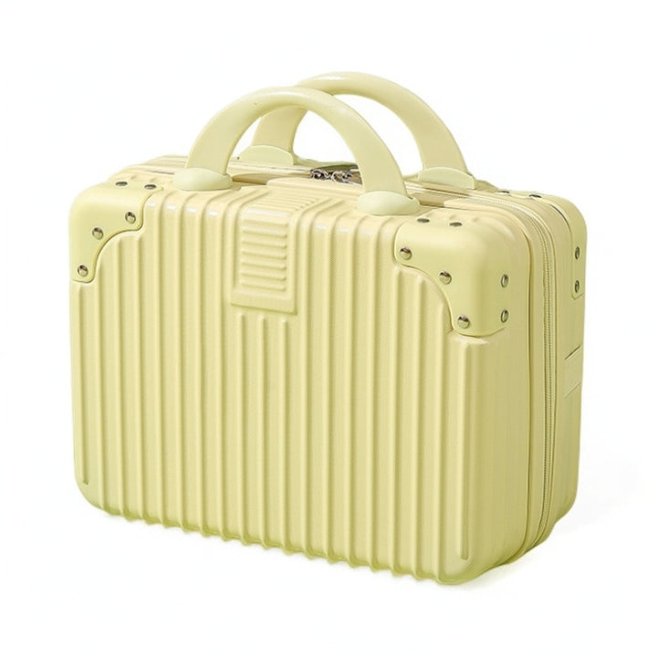 structured hard-shell vanity travel case with faux-leather corner reinforcements and dual top handles Bowlift