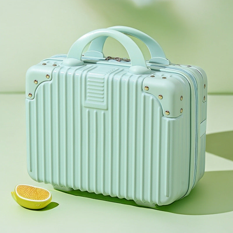 structured hard-shell vanity travel case with faux-leather corner reinforcements and dual top handles Bowlift