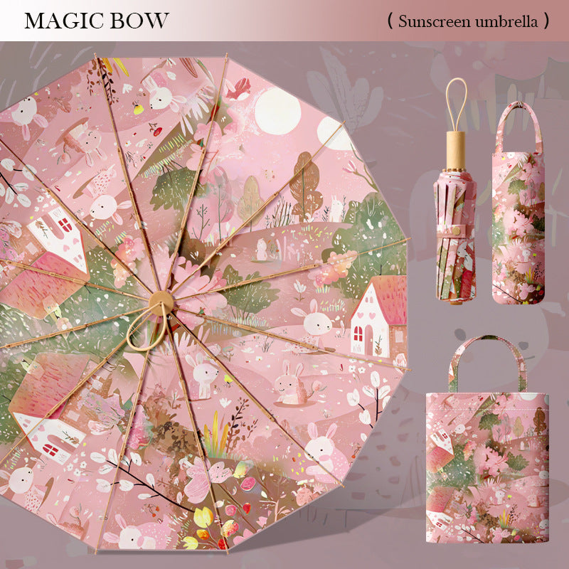 Ladies Premium Folding Umbrella with Floral Design and Protective Carrying Case Bowlift