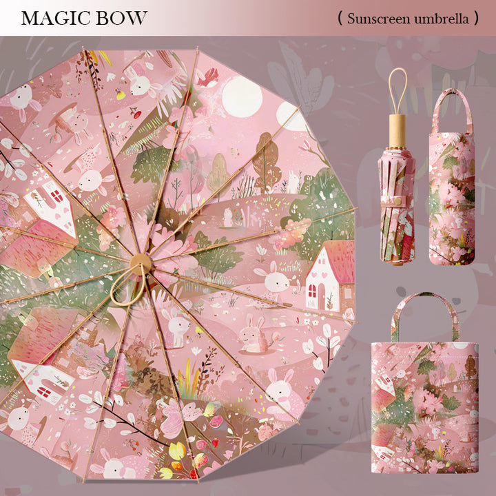 Ladies Premium Folding Umbrella with Floral Design and Protective Carrying Case Bowlift