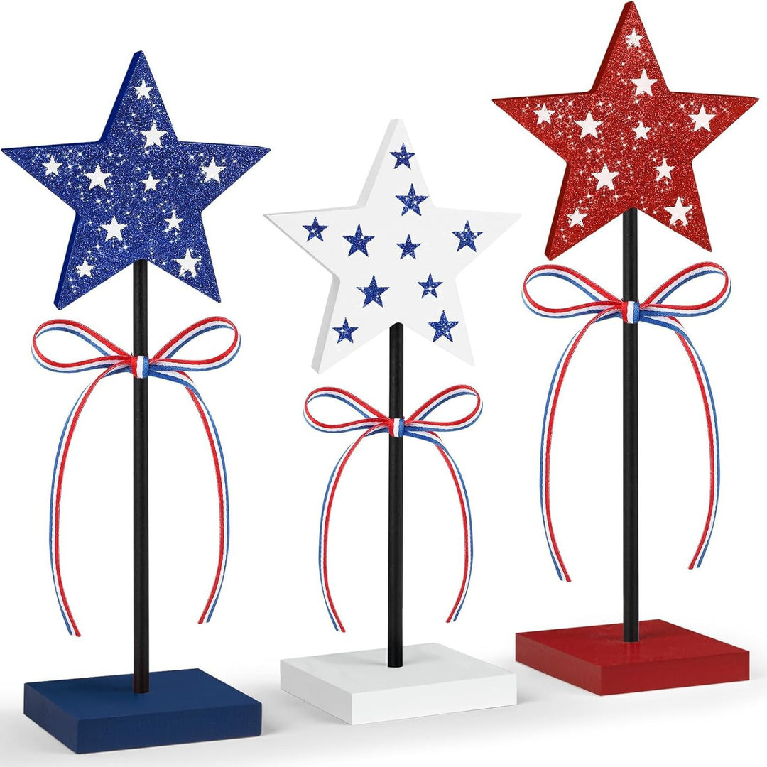 Unisex decorative table toppers made of wood with glittering star tops and ribbon Bowlift