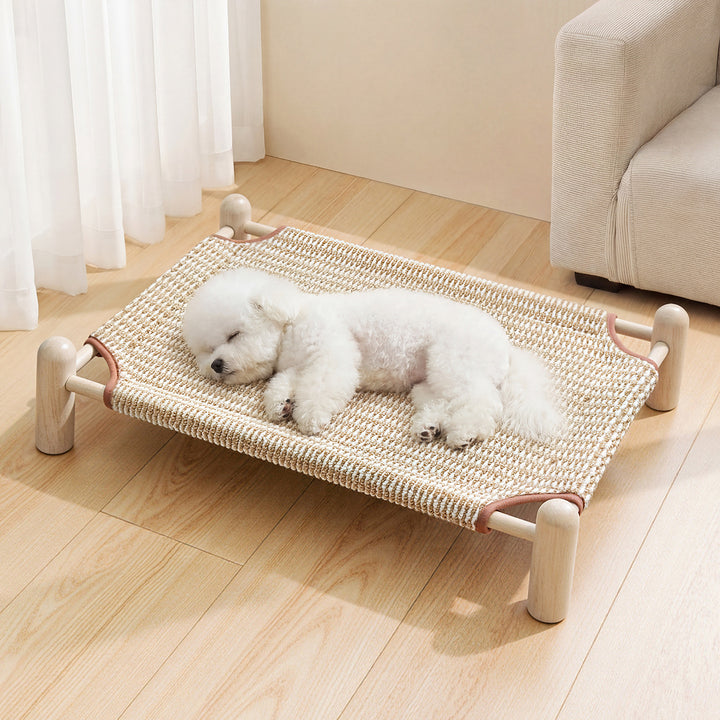 Unisex nan raised wooden pet bed with breathable, woven cover Bowlift