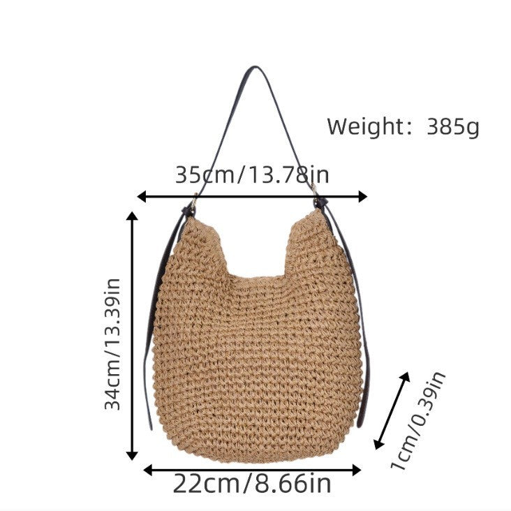 Trendy Shoulder Bag with Natural Weave and Leather Accents Bowlift