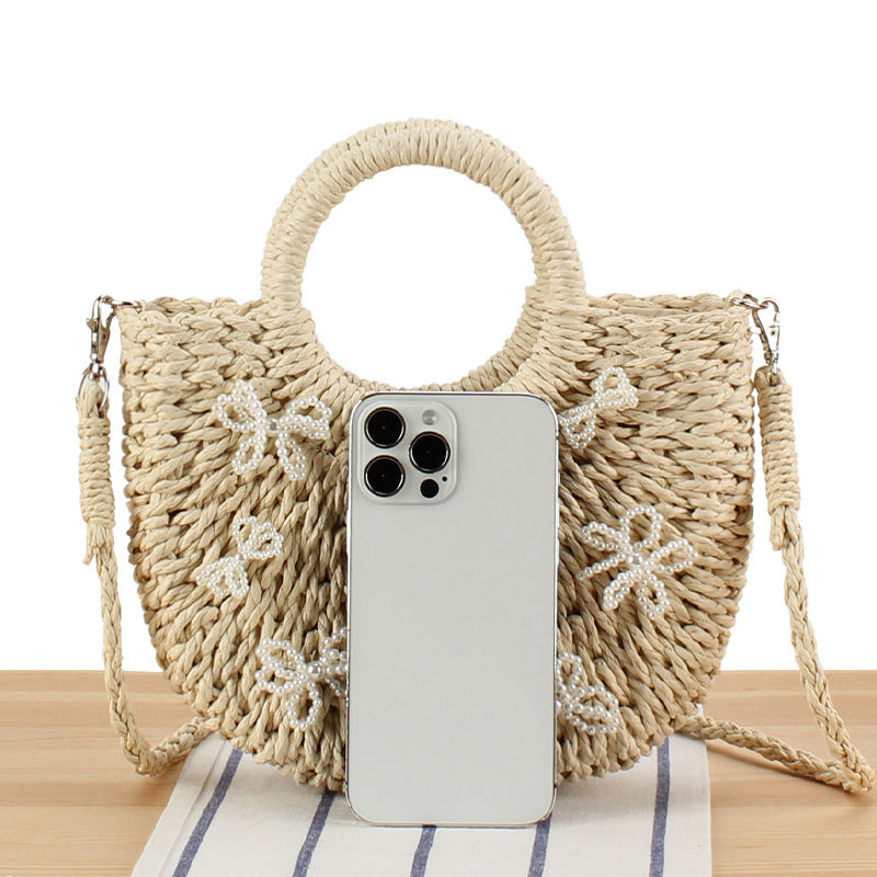 Handbag with Decorative Pearl Flowers Bowlift