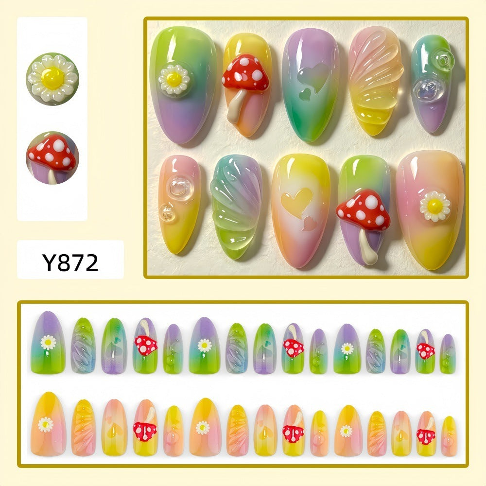 Artificial nails with cheerful flower and mushroom patterns Bowlift
