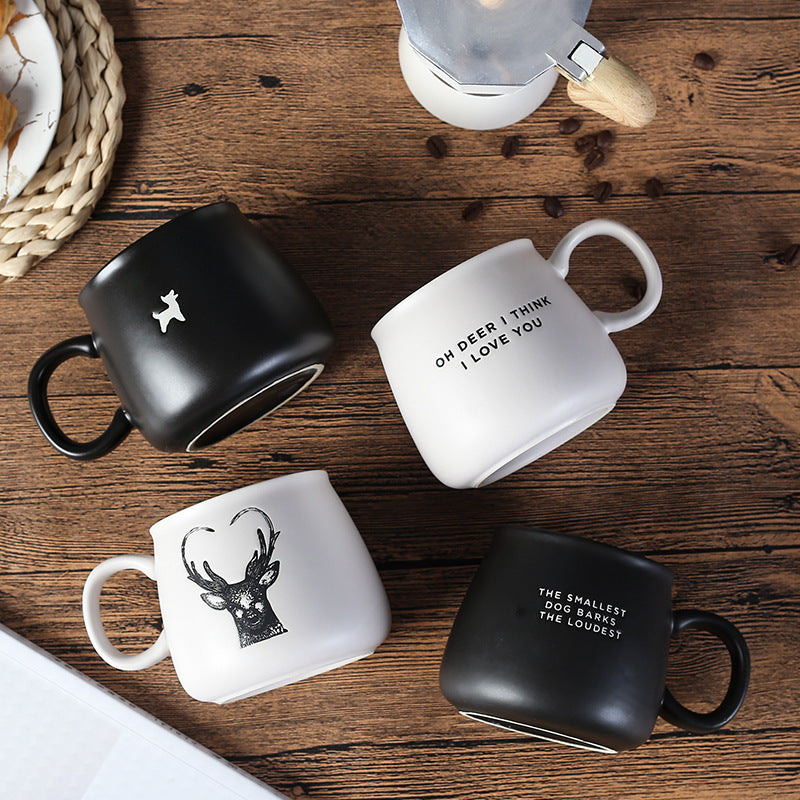 Matte Ceramic Tapered Round Coffee Mug With Deer Head Antler Graphic And Oversized Ergonomic Handle
