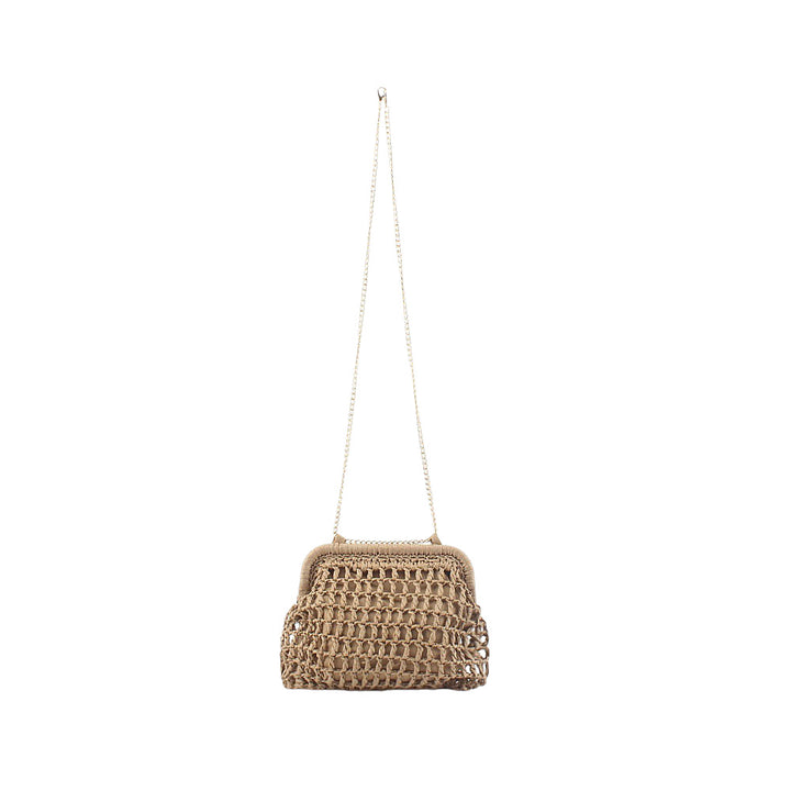 Woven Natural Material Handbag with Fine Chain Accents Bowlift