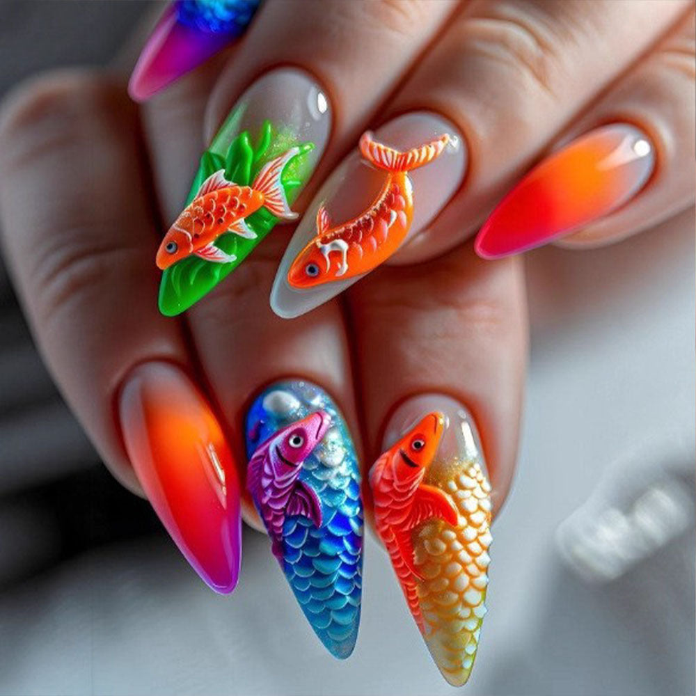 Artificial nail set with vivid fish motifs Bowlift