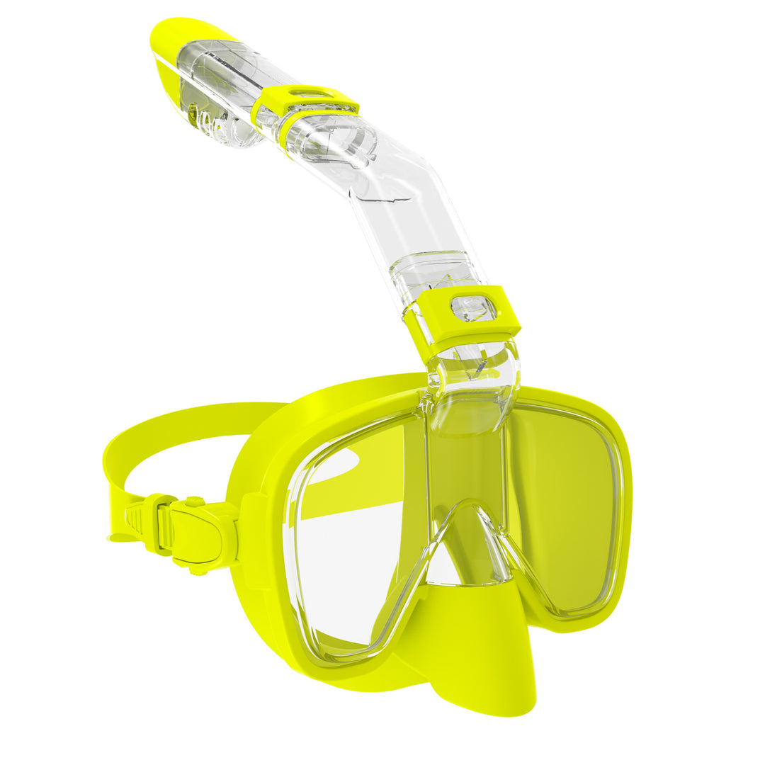 Diving mask with visibility protection and flexible snorkel Bowlift