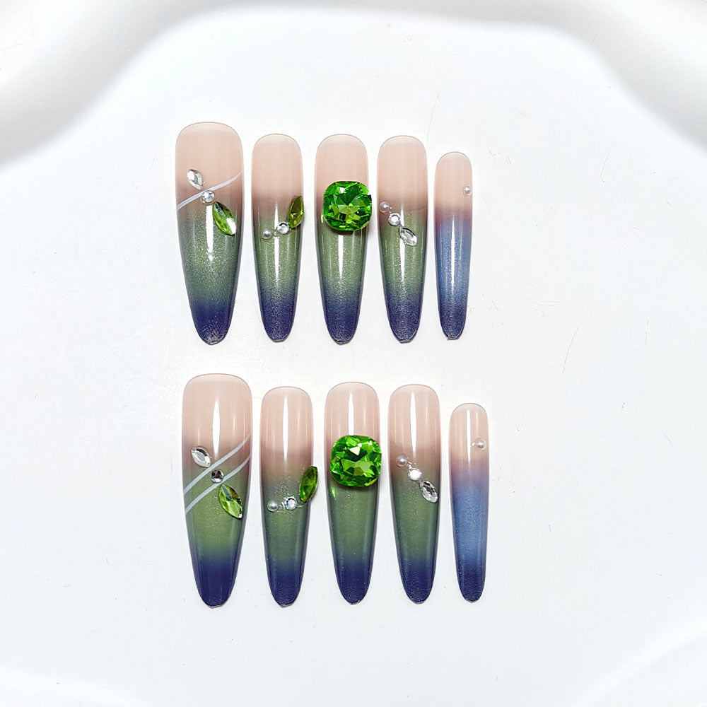 Artificial nails with elegant ombre design and rhinestone applications Bowlift