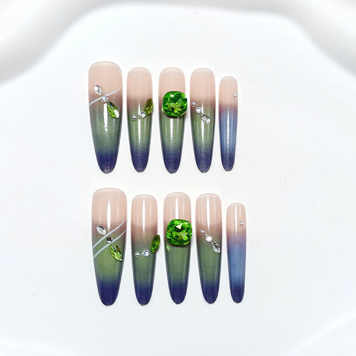 Artificial nails with elegant ombre design and rhinestone applications Bowlift