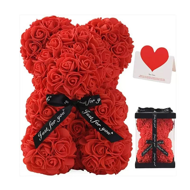 Handcrafted Foam Rose Teddy Bear Gift Sculpture With Satin Ribbon