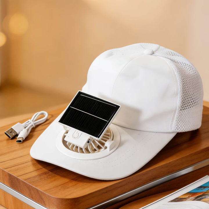 Ladies cooling cap with integrated solar fan Bowlift
