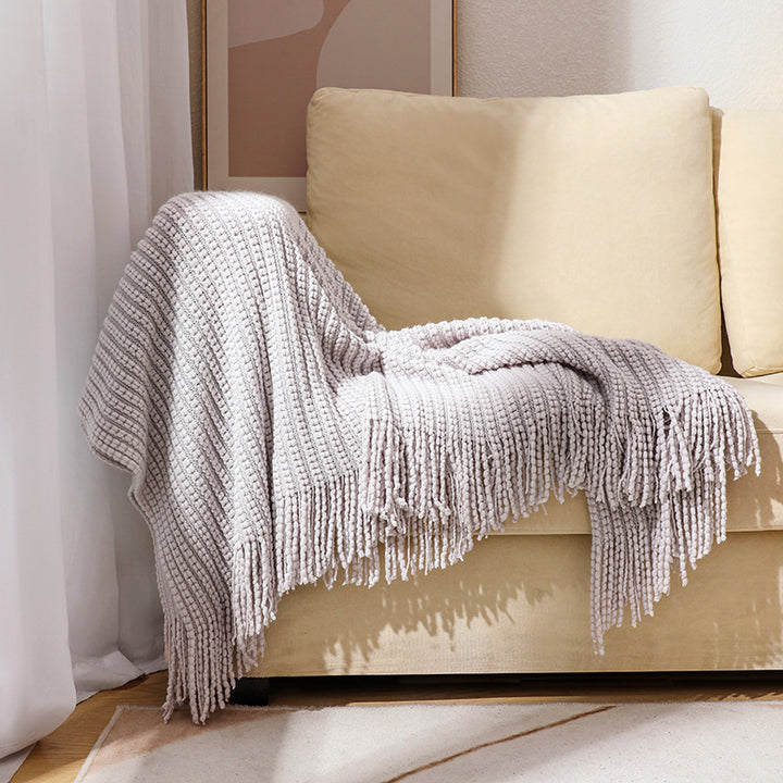 Textured Fringe Knit Throw Blanket Bowlift