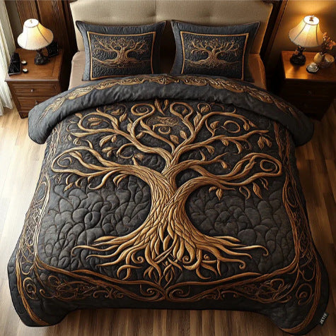Quilted Tree Of Life Comforter Set With Embroidered Jacquard Cover And Matching Shams
