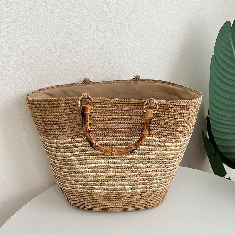 Stylish straw bag with high-quality wooden handle Bowlift