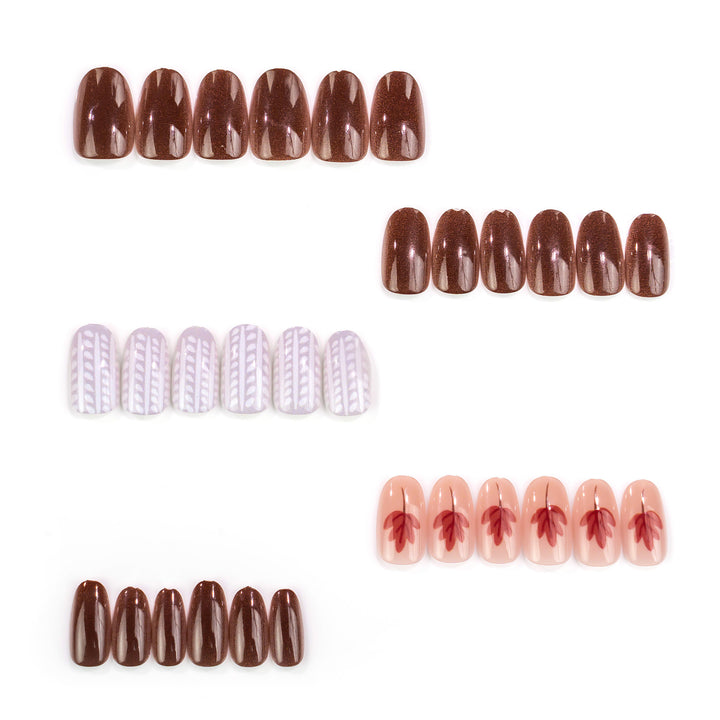 Artistic Press-On Nail Art Set with Leaf and Geometric Patterns Bowlift