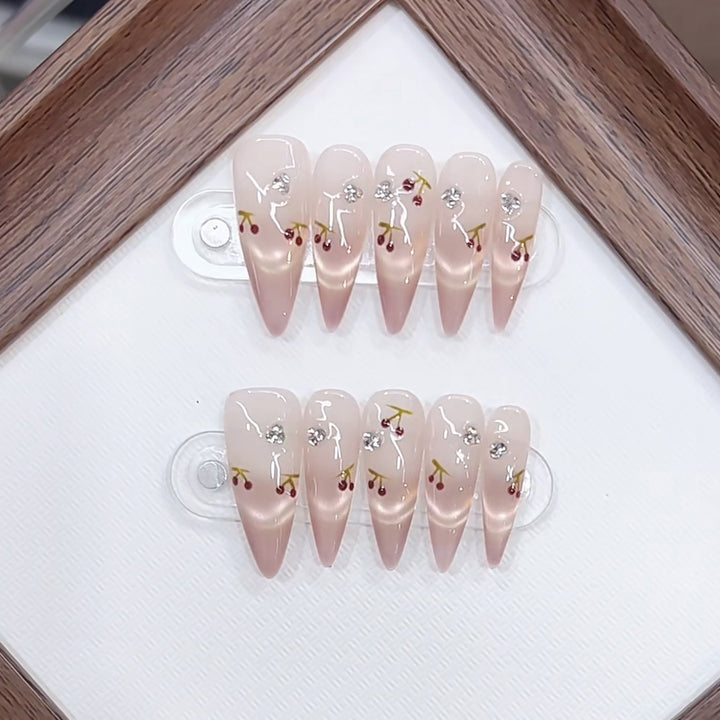 Artistic Press-On Nail Set with Cherry Blossom Design Bowlift