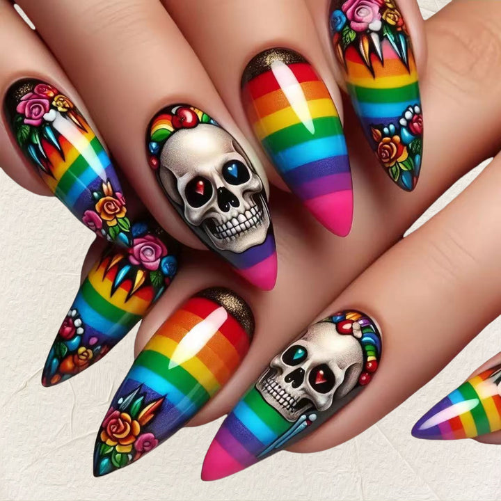 Creative artificial nails in skull and rainbow design Bowlift
