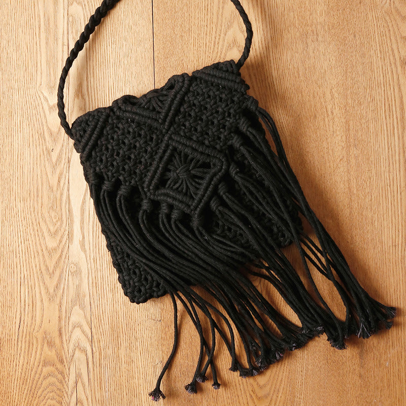Macrame Crossbody Bag with Fringes and Decorative Details Bowlift