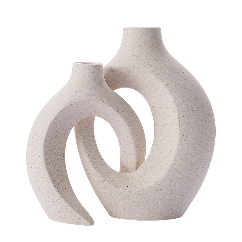 Modern Sculptural Hollow-Ring Ceramic Tabletop Vase Set With Minimalist Asymmetrical Silhouette