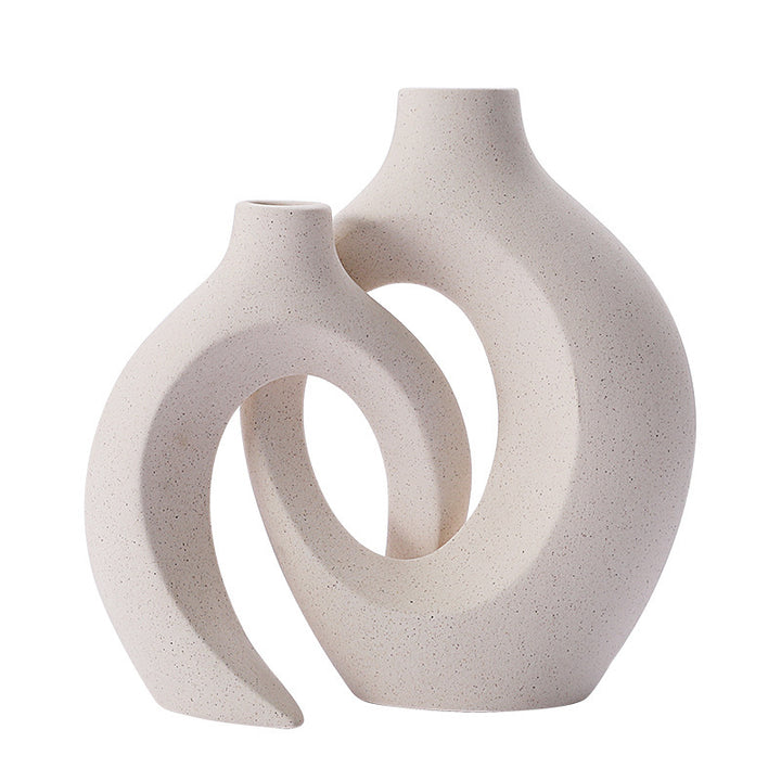 Modern Sculptural Hollow-Ring Ceramic Tabletop Vase Set With Minimalist Asymmetrical Silhouette