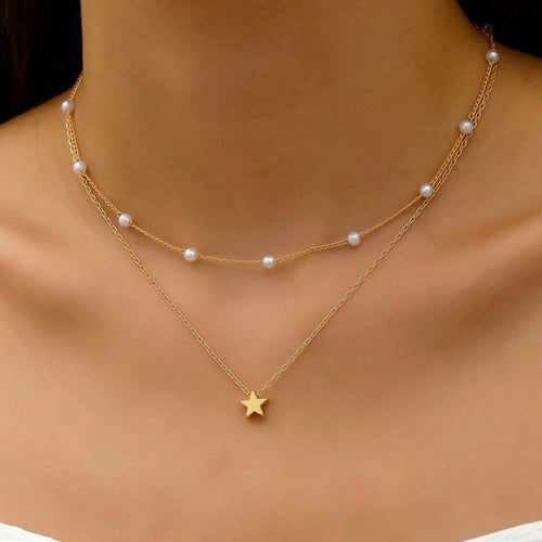 Layered Pearl and Star Charm Necklace Bowlift