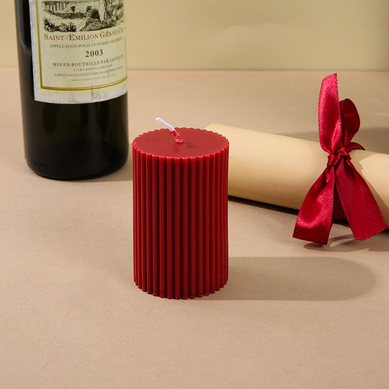 Ribbed Column Pillar Candle with Glass Pedestal Holder