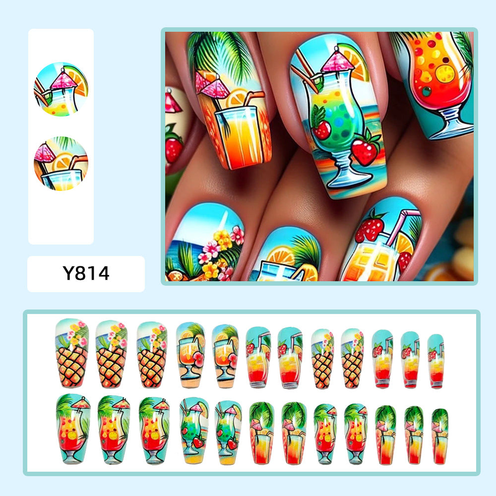 Artificial nail set with tropical drink motif and colorful accents Bowlift