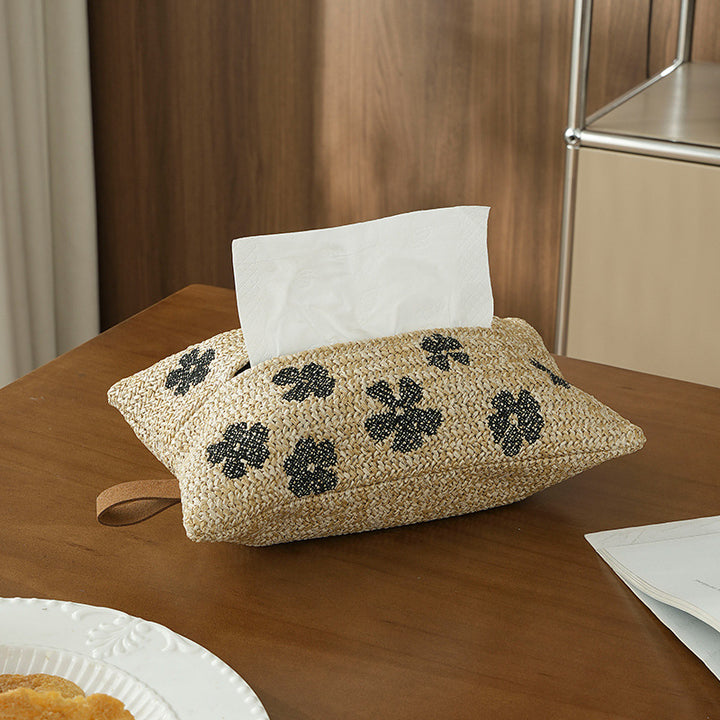 Woven tissue box cover in straw look with embroidered flower motif Bowlift