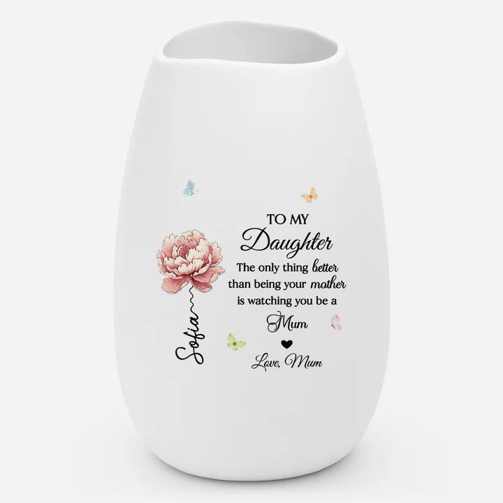 Personalized Ceramic Stemless Wine Tumbler With Floral "To My Daughter In Law" Message And Vertical Name Script