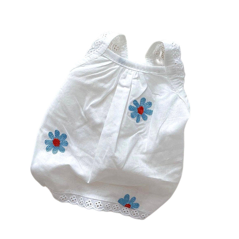 Lightweight Cotton Eyelet-Trim Sleeveless Dog Tank Top with Cherry Embroidery