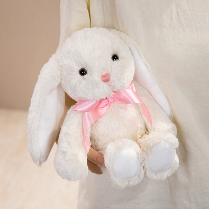 Plush Floral-Lined Ear Bunny Stuffed Toy with Embroidered Face and Curly Faux Fur Bowlift