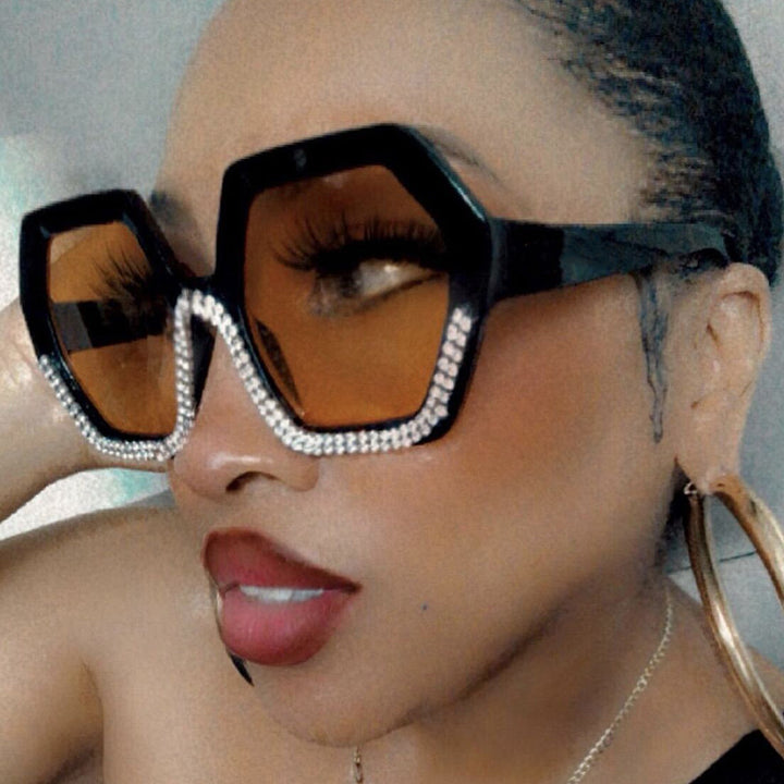 Women's extravagant sunglasses with hexagonal frame and rhinestone accents Bowlift