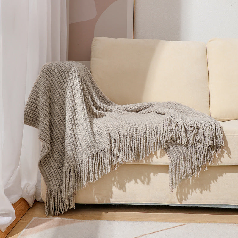 Textured Fringe Knit Throw Blanket Bowlift