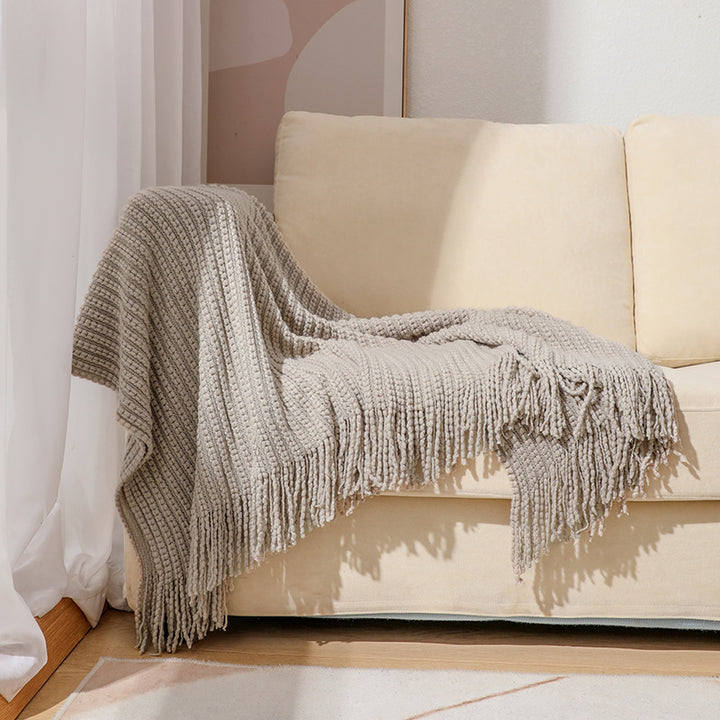 Textured Fringe Knit Throw Blanket Bowlift