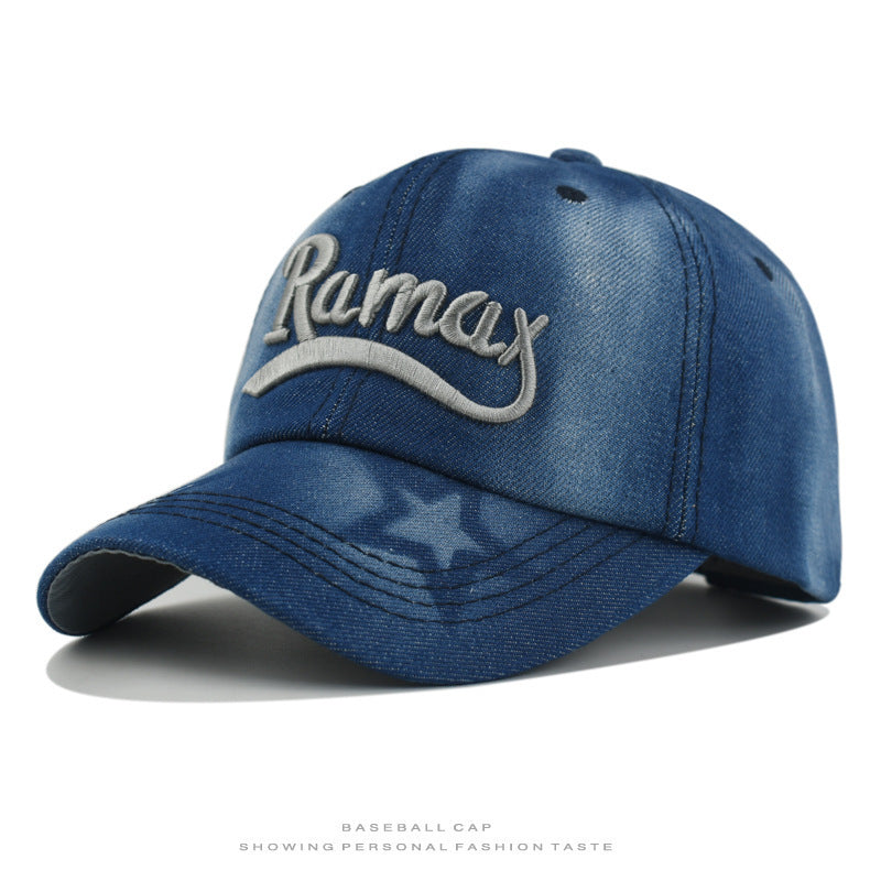 Men's Distressed Denim Embroidered Baseball Cap Bowlift