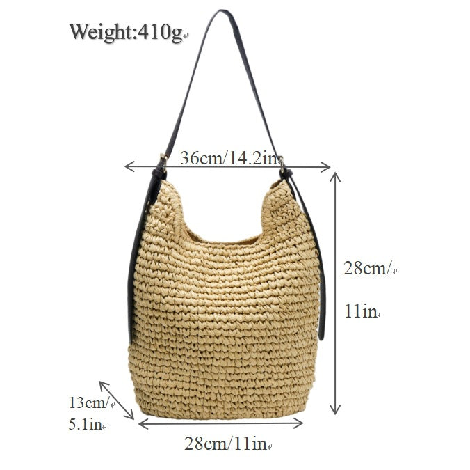 Braided Shoulder Bag Made of Natural Material with Elegant Leather Accents Bowlift
